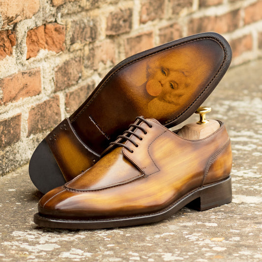 Handcrafted Split Toe Derby Shoe: Cognac Patina