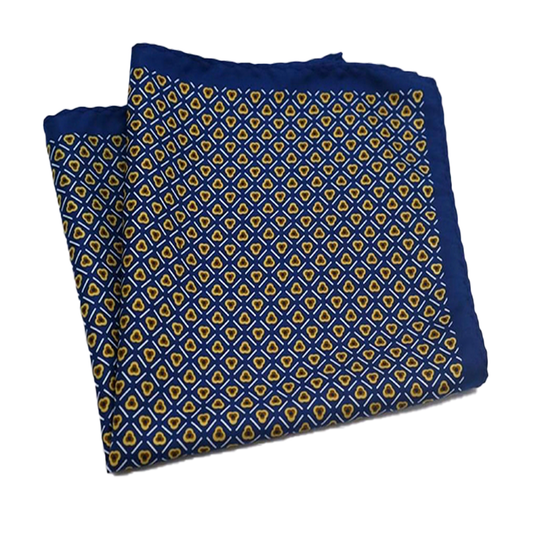 Tasker & Shaw | Luxury Menswear | French Navy Edged Geometric Patterned, Pure Silk Pocket Square